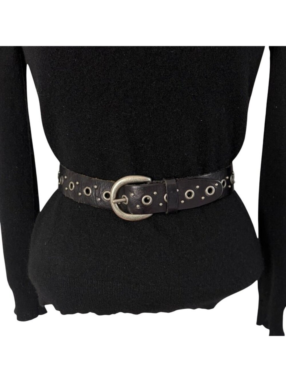 Vintage Fossil Black Leather Belt Grommets Studs Womens Large Goth Grunge